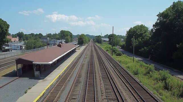 A long view of train tracks extending to the horizon, flanked by a small station and lush greenery under a bright sky