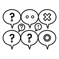 Bold Black Speech Bubbles: Question Marks, Exclamation, Cross Icon Graphic