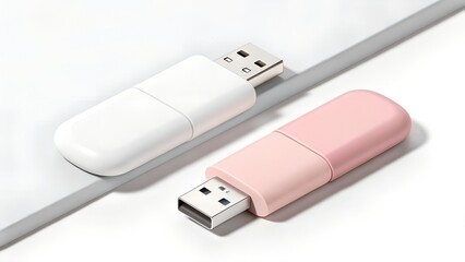 Fototapeta premium Two modern usb flash drives one white and one pastel pink lie on a clean white surface with a subtle grey diagonal line and shadow