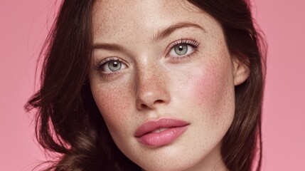 Obraz premium Portrait of beautiful young woman with clean fresh skin on pink background.Generative Ai