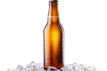 Beer bottle resting among ice cubes on a transparent background ready for a refreshing drink during a hot summer day or social gathering
