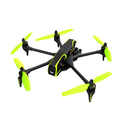 hyper realistic racing drone sleek carbon fiber frame neon, green propellers isolated pure white background subtle soft shadow resource stock image design easy creative project use simple art asset do