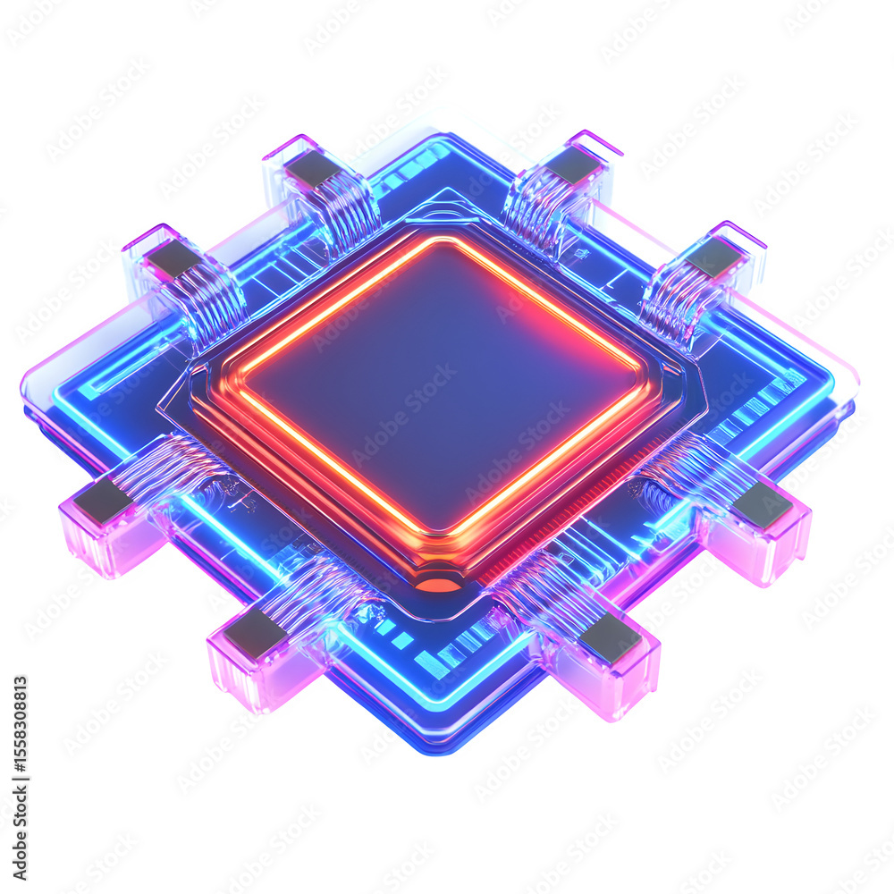 Poster hyper realistic quantum processor chip neon traces isolated pure, white background subtle soft shado