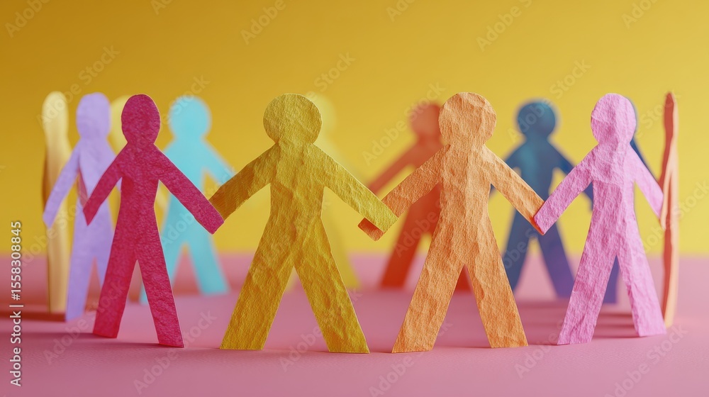 Poster colorful paper figures of different shapes and sizes holding hands symbolizing community and friends