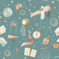 Little prince seamless pattern. Blue background.