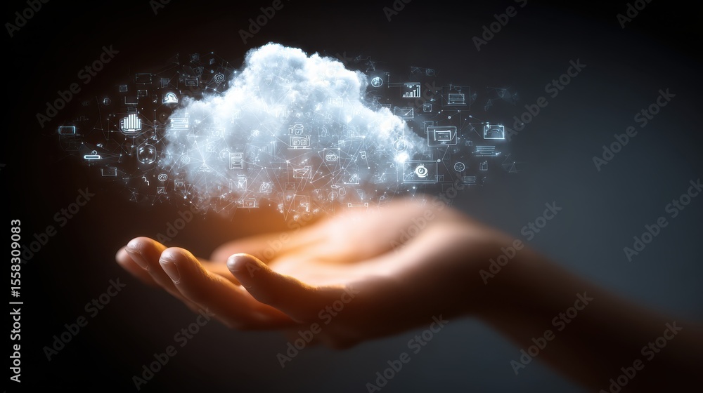 Poster cloud storage illustration. glowing cloud in an open palm, surrounded by digital icons. concept of c
