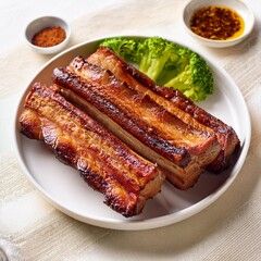 Charred Pork Belly with Broccoli and Dipping Sauces
Beautifully grilled pork belly slices with crispy skin served alongside steamed broccoli and two kinds of dipping sauces, set on a clean white plate