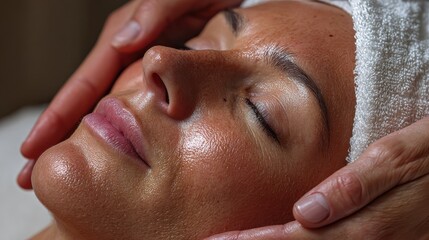 Naklejka premium A woman is treating herself to a luxurious spa facial for rejuvenation and relaxation. The experience offers pampering and professional skin care for a rejuvenated and glowing appearance