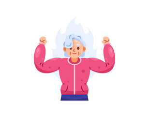 illustration of a grandmother who is excited and feels strong. old woman in sportswear. fit, strong and healthy body. elderly gymnastics. expression and gesture. exercise and wellness. flat character