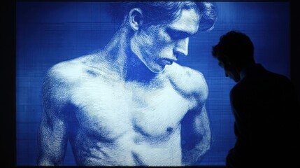 Obraz premium A man is shown in a blue and white image with a lot of detail. The image is of a man's body, and it is displayed on a screen. The image is very detailed and realistic