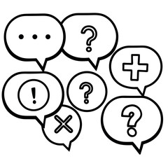 Hand-drawn speech bubbles: questions, answers, plus, and exclamation marks.