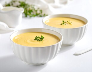 Creamy yellow soup in white bowls