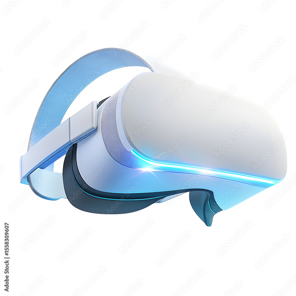 Poster hyper realistic virtual reality headset matte white shell neon, blue accents isolated pure backgroun