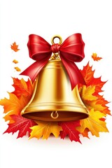 Golden school bell with red bow and colorful autumn leaves on white background for fall holiday celebration