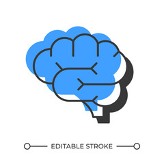 Brain offset shadow line icon. Creativity thinking. Cognitive, psychology. Internal organ, anatomy. Bold outline symbol with solid blue fill. Modern flat illustration. Editable stroke