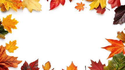 Colorful autumn leaves frame on white background with empty center space for text, design or seasonal message
