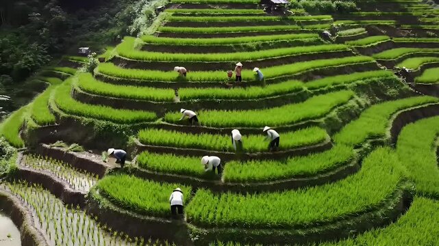 Aerial drone shot of lush green terraced rice fields in a rural hilly landscape with farmers working.


