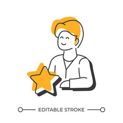 Man satisfaction offset shadow line icon. Employee motivation, fulfillment. Happy person, psychology. Bold outline symbol with solid orange fill. Modern flat illustration. Editable stroke