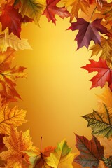 Fototapeta premium Colorful autumn leaves frame on orange background with empty space in center for message, text or fall design