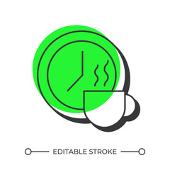 Coffee break offset shadow line icon. Hot drink, beverage. Workload management, workflow efficiency. Bold outline symbol with solid green fill. Modern flat illustration. Editable stroke