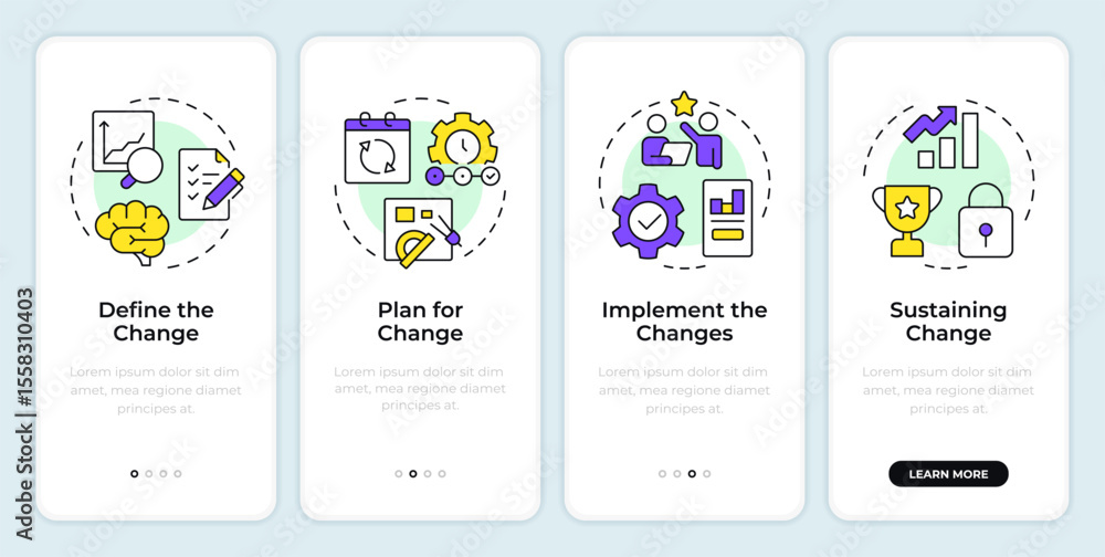 Poster stages of organizational change onboarding mobile app screen. walkthrough 4 steps editable graphic i