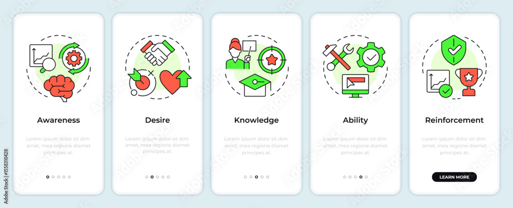 Aufkleber adkar model onboarding mobile app screen. organizational change management. walkthrough 5 steps edit