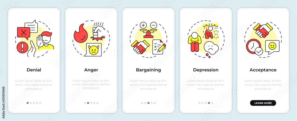 Poster five stages of grief onboarding mobile app screen. changes management. walkthrough 5 steps editable 