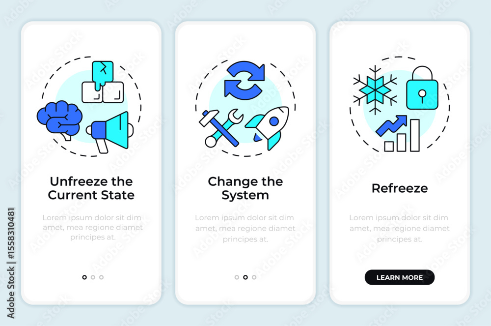 Aufkleber lewin change management model onboarding mobile app screen. business. walkthrough 3 steps editable g