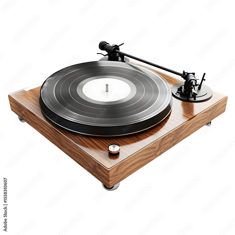 Poster hyper realistic vinyl record player walnut wood base acrylic, platter isolated pure white background