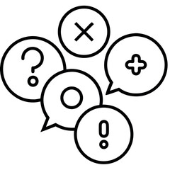 Decision-making process: question marks, exclamation, plus, and cross symbols.