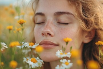 Fototapeta premium Hypersensitive allergy concept. Woman closing her nose to prevent from seasonal flower pollen, Generative AI