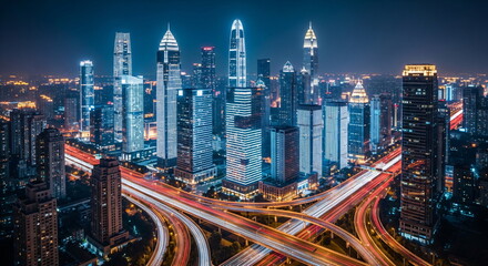 Obraz premium Futuristic digital metropolis with luminous blue outlines of buildings and cityscape grid perspective. Virtual reality and augmented reality cityscape for technology concept. 