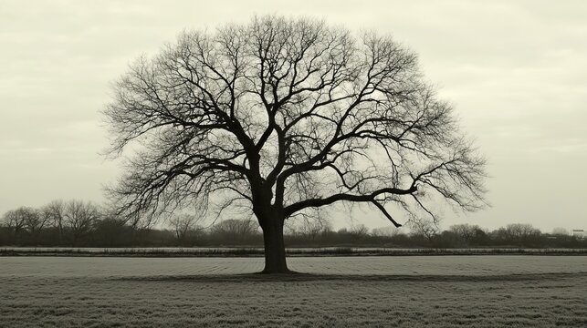 A solitary, leafless tree stands stark against a muted, overcast sky in a flat, frost-covered field.  Its gnarled branches reach skyward, creating a dramatic silhouette