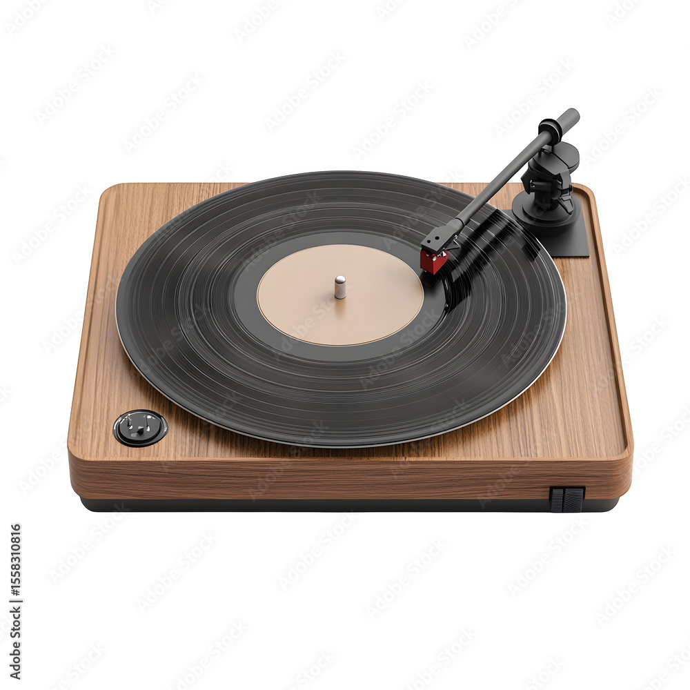Aufkleber hyper realistic vinyl record player walnut wood base acrylic, platter isolated pure white background