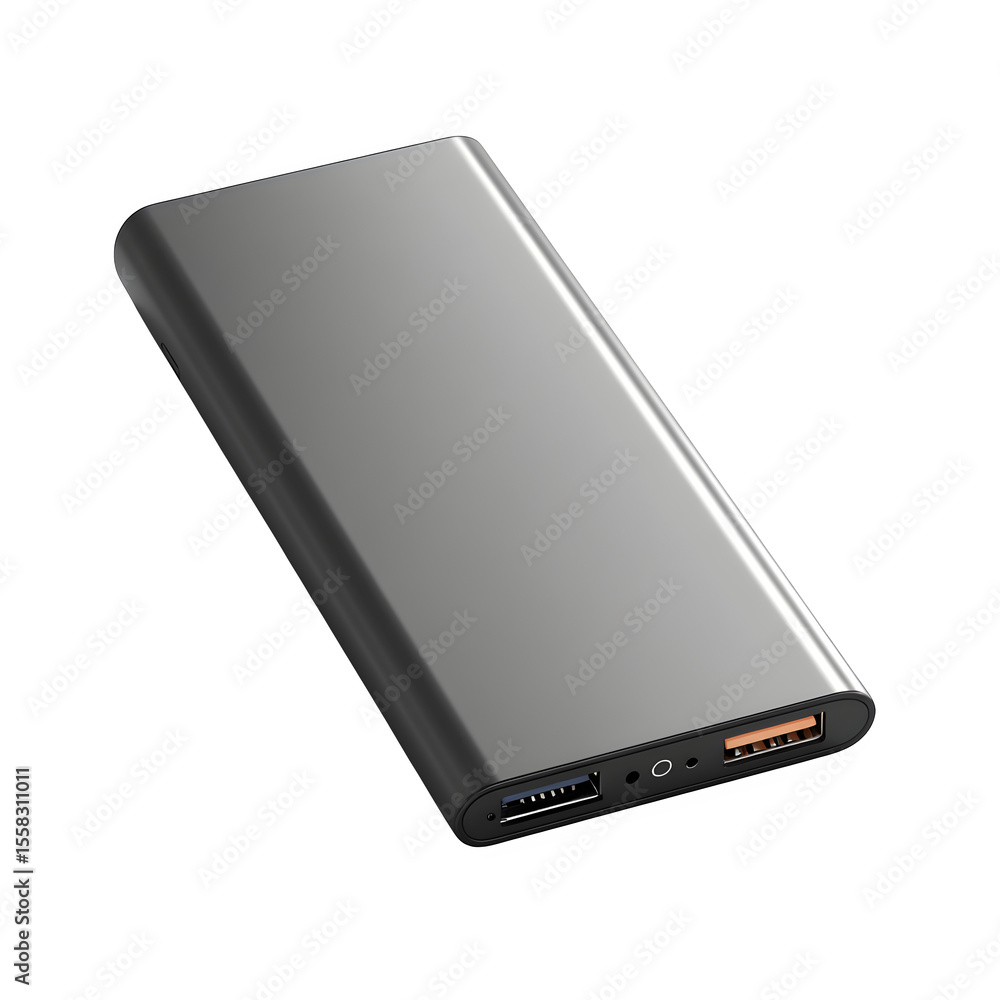 Fototapete hyper realistic portable power bank slim graphite grey body, digital display isolated pure white bac