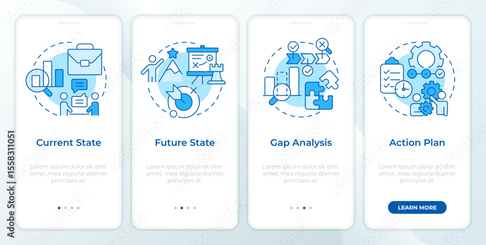Poster stages of gap analysis blue onboarding mobile app screen. business data. walkthrough 4 steps editabl