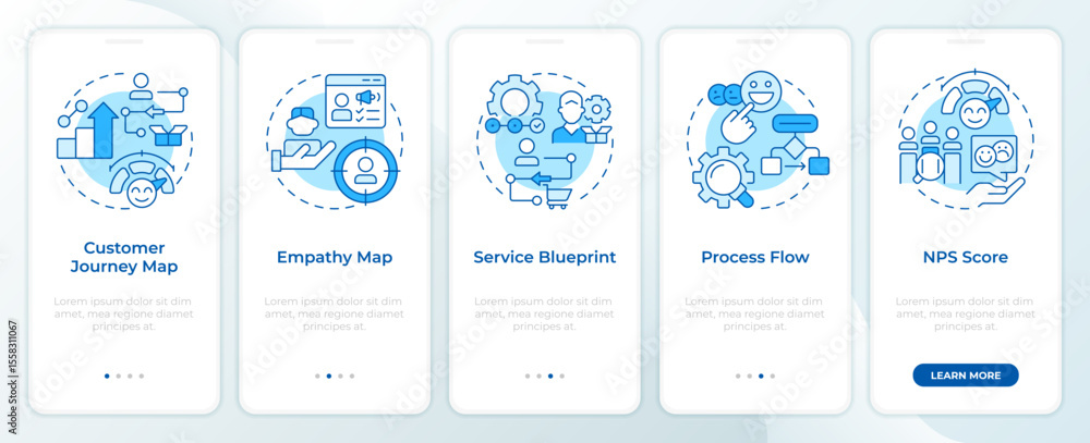 Poster gap analysis tools blue onboarding mobile app screen. performance. walkthrough 5 steps editable grap