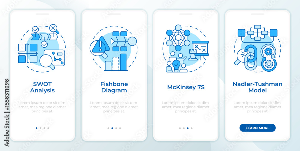 Poster tools of gap analysis blue onboarding mobile app screen. corporate. walkthrough 4 steps editable gra