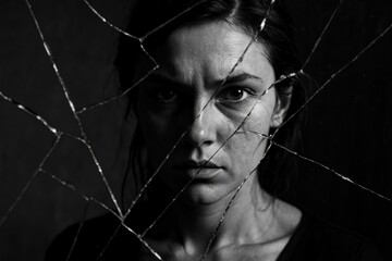 Broken mirror portrait, woman emotional mental health, artistic psychological concept