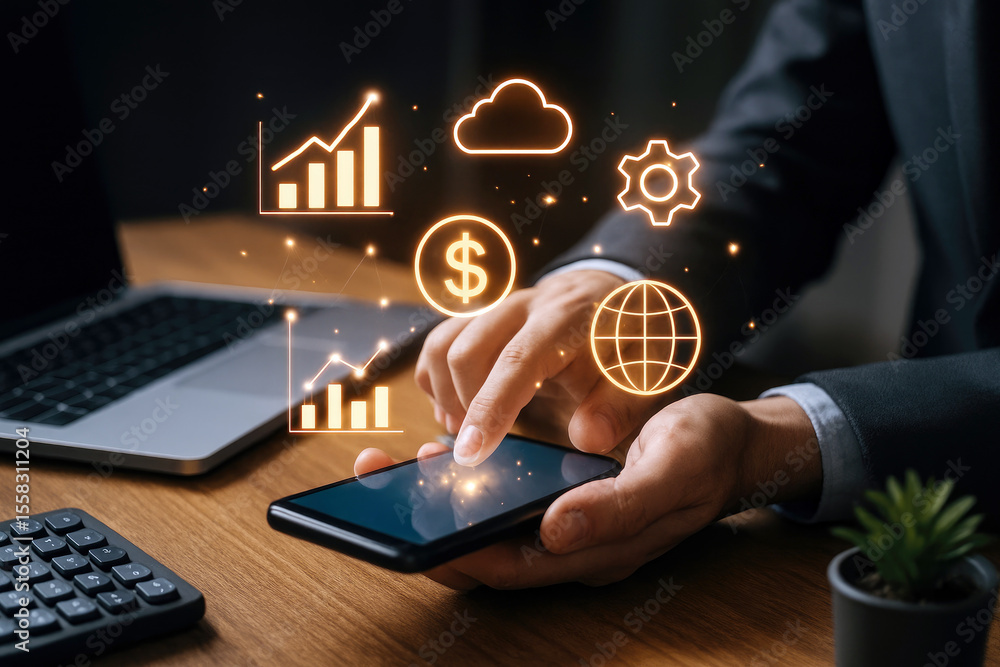 Poster businessman using smartphone with financial data graphics and icons image