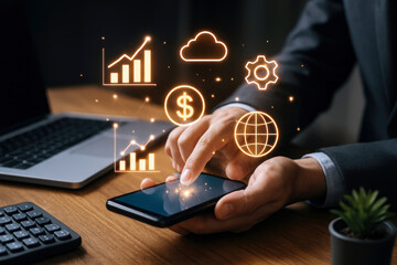 Businessman using smartphone with financial data graphics and icons image