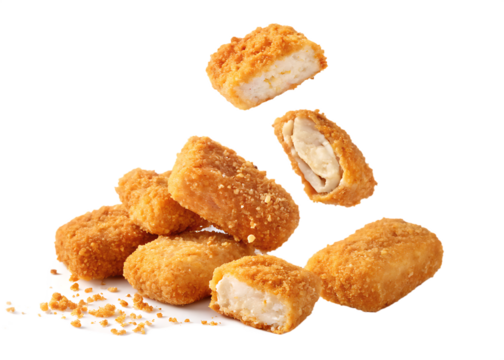 A cluster of crispy golden-brown breaded fish nuggets exploding mid-air against a stark isolated on white and transparent background 