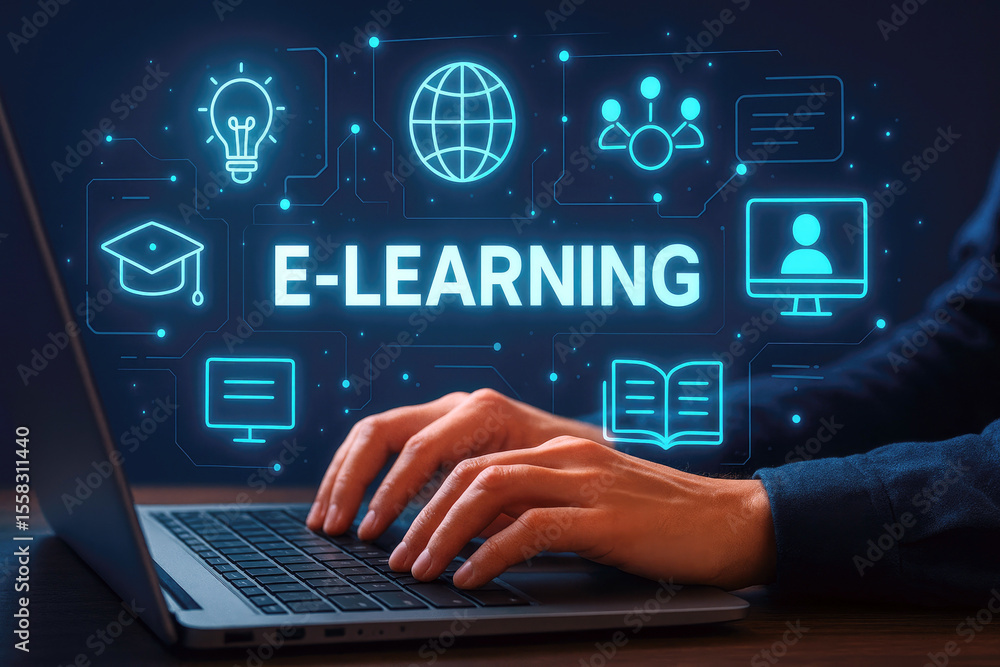 Poster digital learning concept with glowing icons and hands typing on a laptop e learning