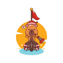 Cute capybara mascot cartoon character illustration on the boat.