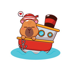 Cute capybara mascot cartoon character illustration on the ship