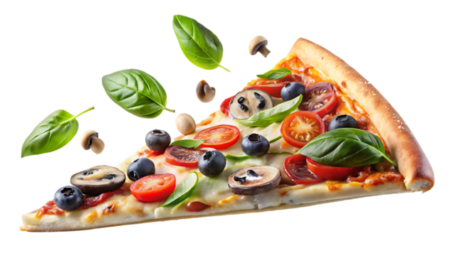 a delicious pizza slice with mushrooms, tomatoes, olives, cheese, and basil leaves floating in the air isolated on white and transparent background
