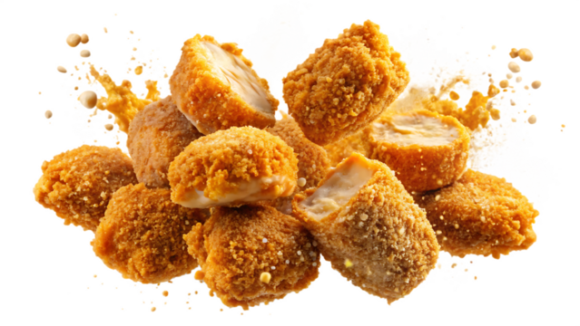 A cluster of crispy golden-brown breaded fish nuggets exploding mid-air against a stark isolated on white and transparent background - Powered by Adobe