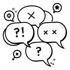 Hand-drawn speech bubbles: questions, doubts, and negative feedback illustration