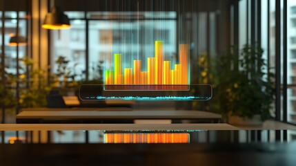 A floating holographic bar chart displaying market trends in a modern office setting with ambient lighting