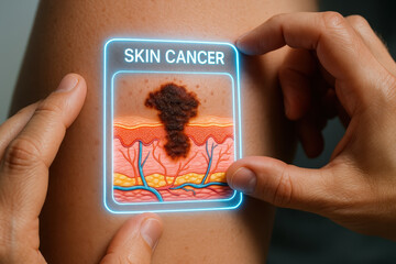 Skin cancer concept showing dark irregular mole on skin with digital overlay highlighting affected area and underlying skin layers to raise awareness about cancer risks and detection